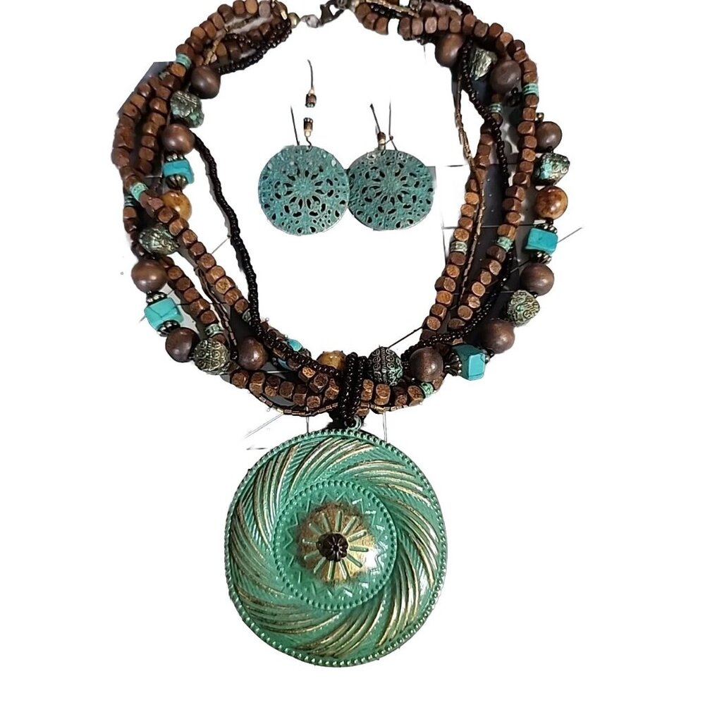 Boho Gypsy Brown Wood, Beads & AquaGreen Brass 18" Statement Necklace & Earrings